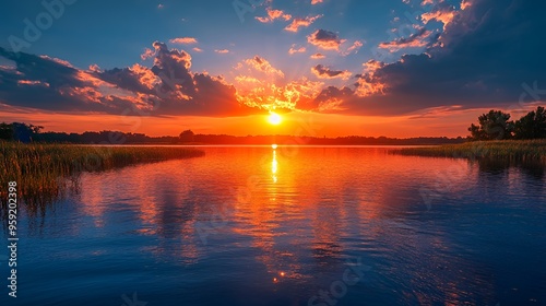 Sunset over a lake with red sky and reflection.