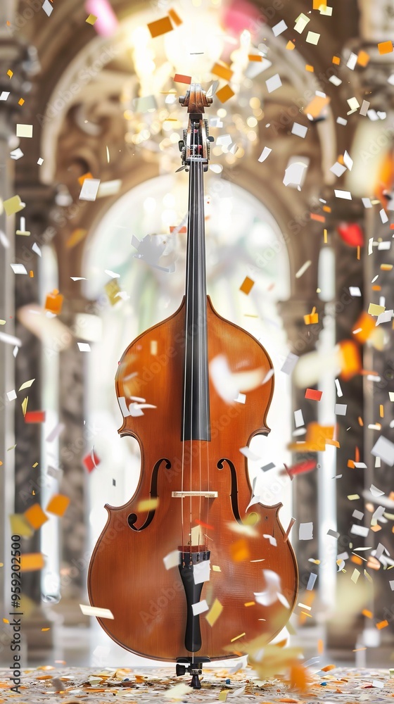 Naklejka premium A large, ornate, and shiny brown cello is surrounded by a cloud of confetti