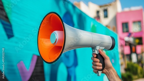 Loud Voices of Change: A Bright Megaphone Ready to Amplify Messages in a Vibrant Urban Landscape Surrounded by Inspiring Murals and Colors photo