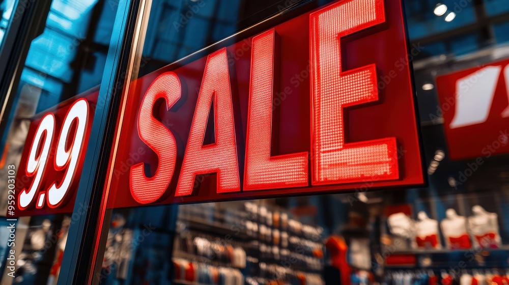 Obraz premium Bright SALE sign in shop window attracts customers with appealing pricing and creates an inviting shopping atmosphere