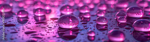 Pink and purple water droplets reflect magenta light, creating an ethereal, glowing background photo