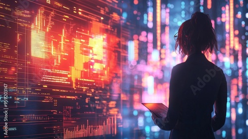 Wallpaper Mural Examining the Future: A Businessperson Engaged in Financial Data Analysis Amidst Vibrant Digital Backdrops Torontodigital.ca