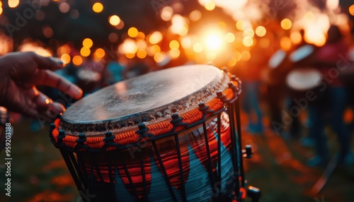 Drum circle in a park, dynamic and rhythmic, Urban, Warm tones, Photograph, Musical gathering