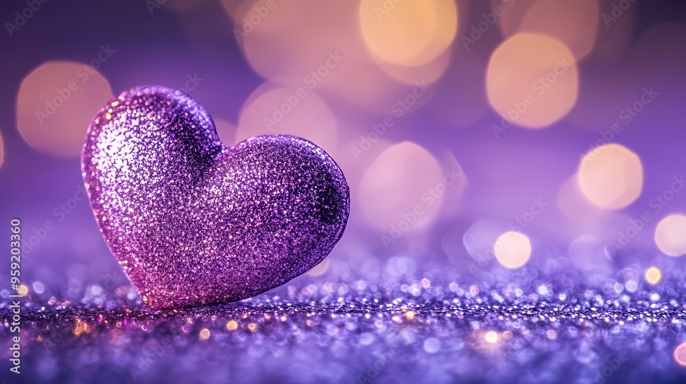 Fototapeta premium A purple glitter heart sits on a bed of sparkling purple glitter with bokeh in the background.