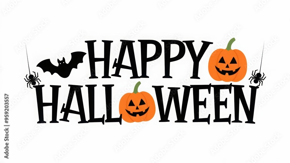 happy halloween lettering calligraphy logo with pumpkin, bat and spider web
