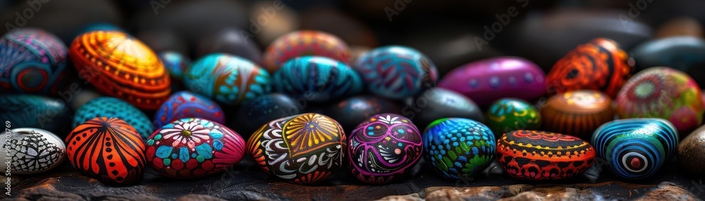Painted rocks with vibrant designs, playful and artistic, Artisan, Bright hues, Photograph, Creative expression Painted rocks with vibrant designs, playful and artistic, Artisan, Bright hues, Photograph, Creative expression