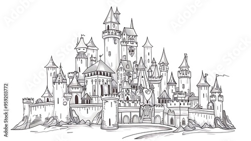 Whimsical fairy tale castle Line Illustration isolated on solid white background. 32k, full ultra HD, high resolution