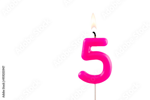 Pink number 5 birthday candle lit on white background