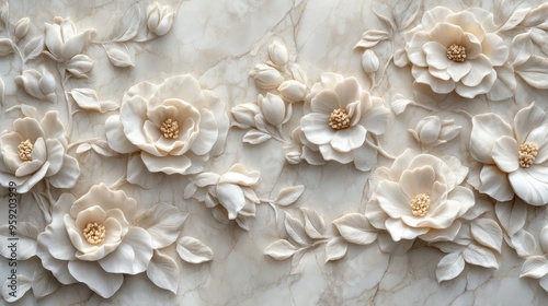 This stunning threedimensional floral basrelief artwork features intricately carved white flowers and delicate leaves, enhancing vintageinspired interiors with timeless elegance and sophistication