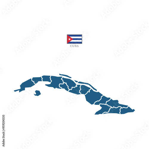 Colored (blue) silhouette map of Cuba with the outline of regions. Vector illustration with a flag. photo