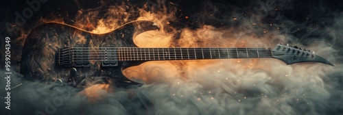 A guitar is shown with smoke and fire surrounding it