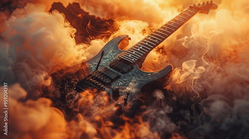 A guitar is surrounded by smoke and fire, creating a dramatic