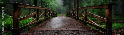 Rustic bridge over a forest stream, serene and charming, Nature, Soft greens, Photograph, Woodland beauty