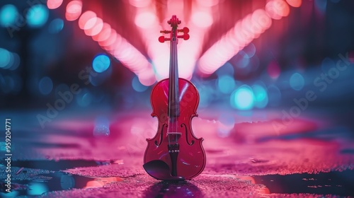 A red violin is sitting on a wet road photo