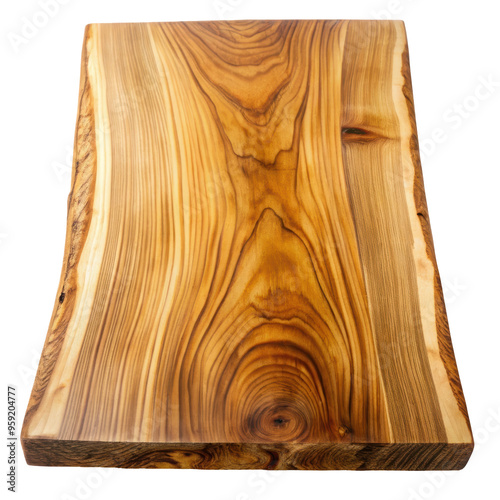 Live edge polished wooden slab showcasing an organic grain pattern and natural texture. Suitable for furniture making, countertops, or decorative interior. Isolated on transparent background, png. photo