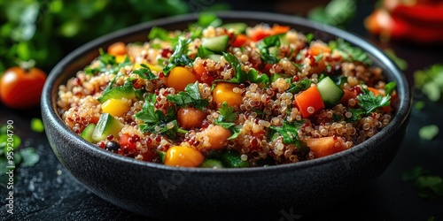 Close-up of a Bowl of Quinoa Salad with Various Vegetables