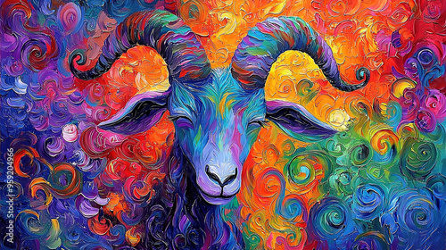   Ram -> Sheep ..Colorful swirls -> Stripes ..Red, yellow, blue, green, orange photo