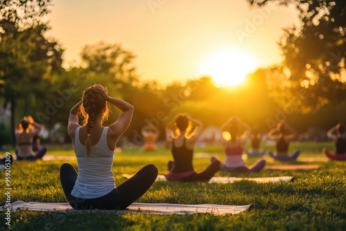 Practitioners doing yoga in a park during a vibrant sunset