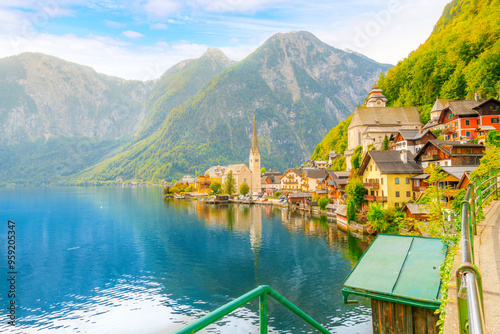View from the lakefront promenade of the picturesque townscape of the Tyrolian village of Hallstatt, Austria, a village on Lake Hallstatt's western shore in Austria's mountainous Salzkammergut region.