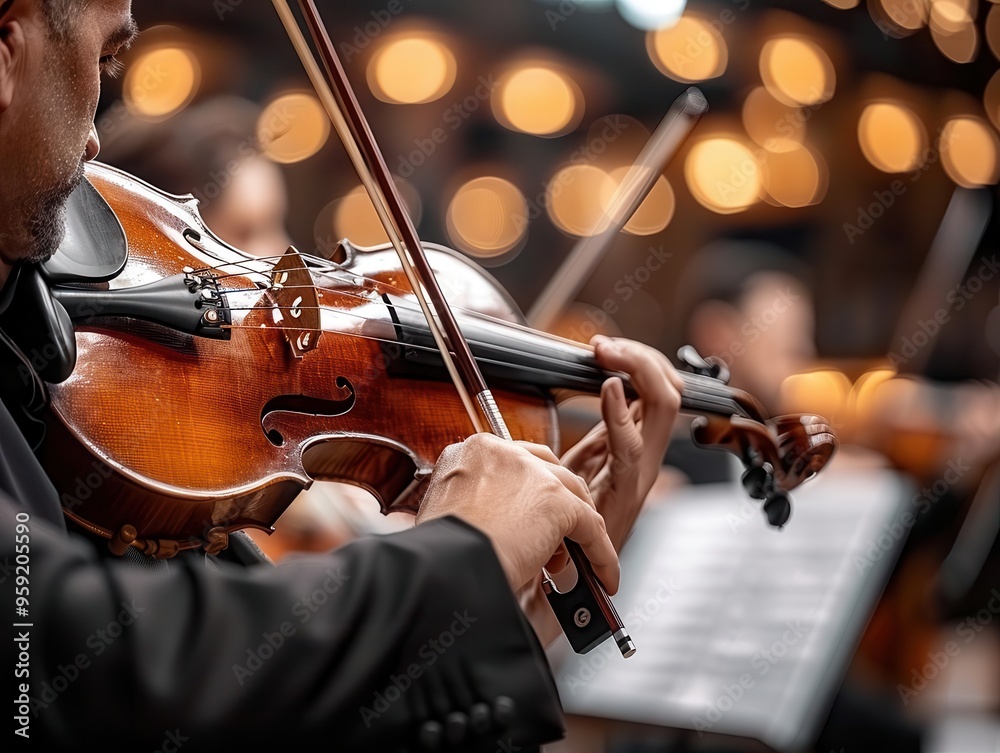Fototapeta premium Symphony orchestra performing, dynamic and musical, Urban, Soft hues, Photograph, Live music