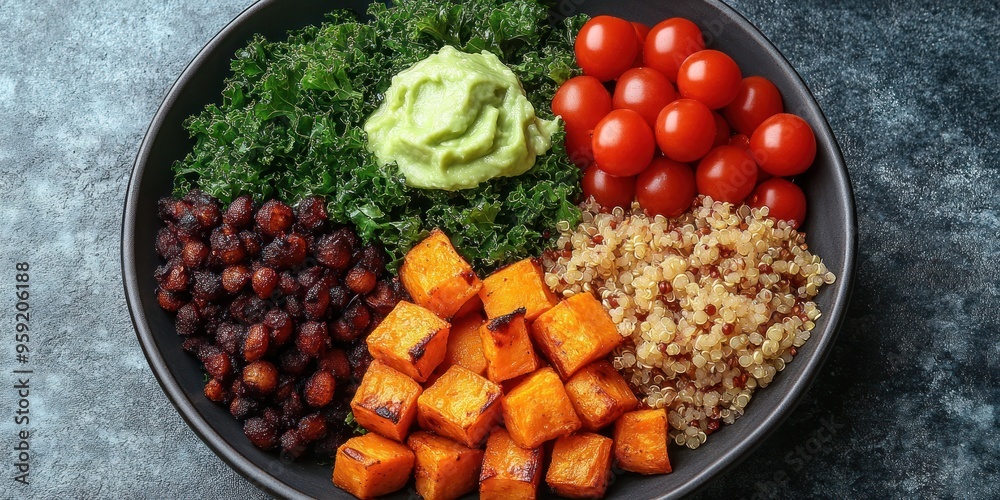 Black Bowl Filled with Kale, Roasted Sweet Potato, Quinoa, Chickpeas, Tomatoes, and Avocado Dressing Black Bowl Filled with Kale, Roasted Sweet Potato, Quinoa, Chickpeas, Tomatoes, and Avocado Dressing