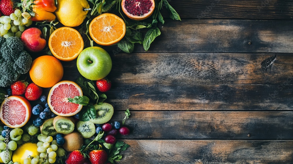 An assortment of farm-fresh fruits and vegetables adorn a wooden surface in a flat lay composition, providing not only nourishment but also a source of beneficial prebiotics. An assortment of farm-fresh fruits and vegetables adorn a wooden surface in a flat lay composition, providing not only nourishment but also a source of beneficial prebiotics.
