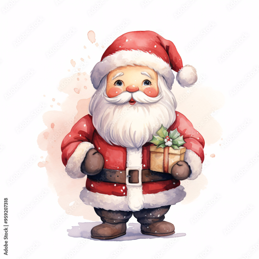Obraz premium Santa Claus with Gift: This watercolor Illustration of a Cheery Santa in a Classic Red Suit Holding a Wrapped Present is ideal for Christmas Cards and Holiday Decorations.
