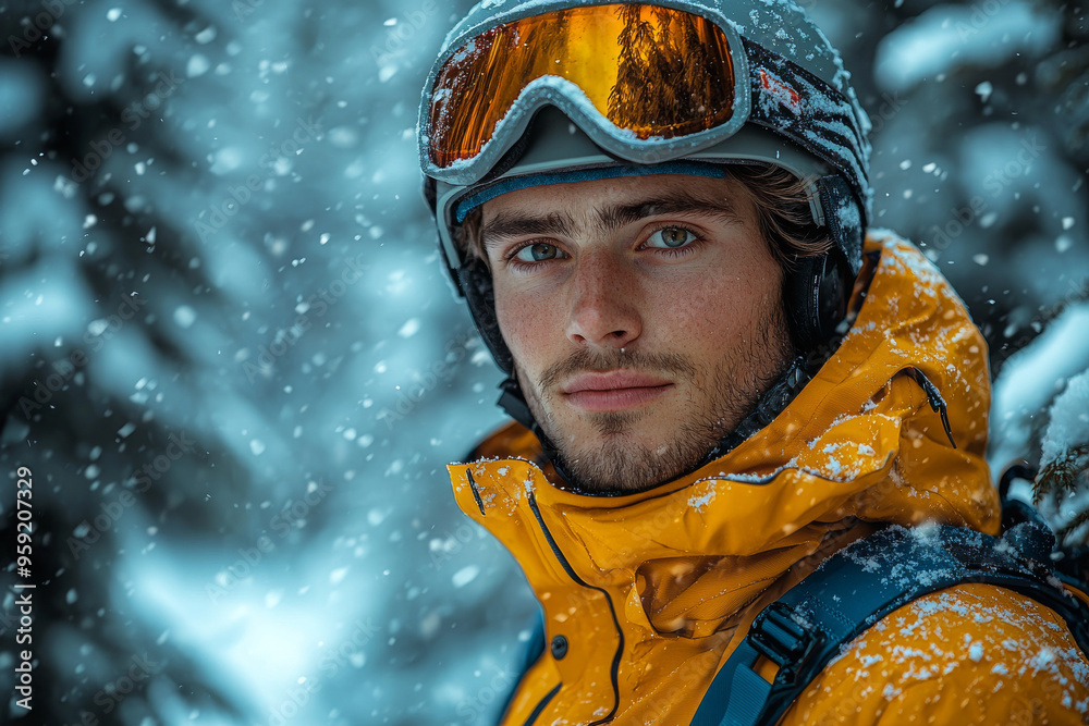 Young man wearing a ski helmet and goggles standing in the snow. Young man wearing a ski helmet and goggles standing in the snow.