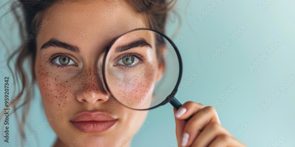 Close-up view of a woman using a magnifying glass focused on her beauty and skincare routine for a healthy, youthful appearance in a studio setting Close-up view of a woman using a magnifying glass focused on her beauty and skincare routine for a healthy, youthful appearance in a studio setting