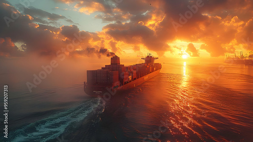 Cargo Ship Sailing at Sunset - Realistic Illustration