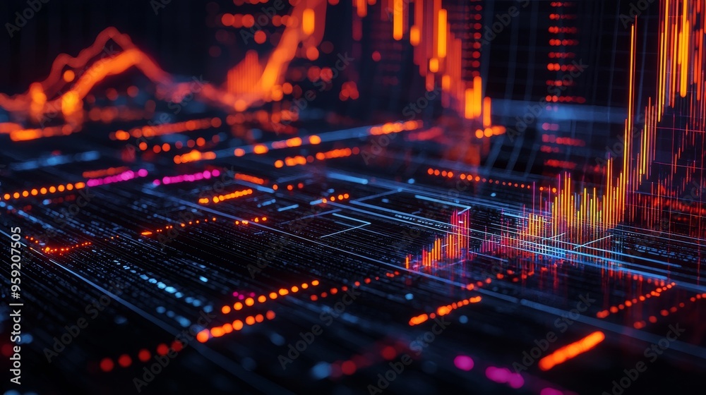 Obraz premium Visualizing the Future: A Stunning Display of Data Trends and Predictive Analysis in a Neon-lit Environment