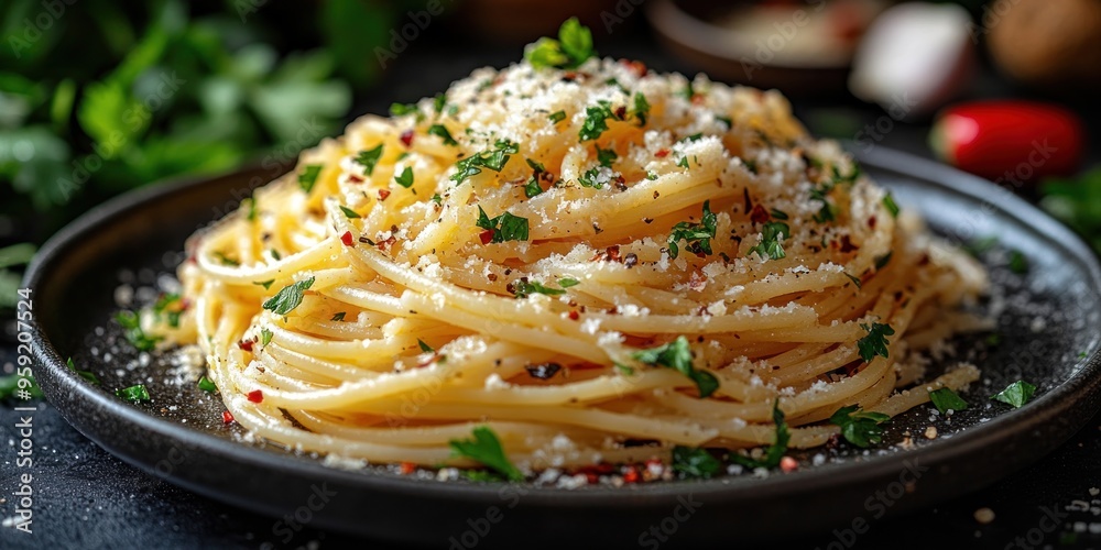 A Plate of Spaghetti with Parsley and Cheese A Plate of Spaghetti with Parsley and Cheese