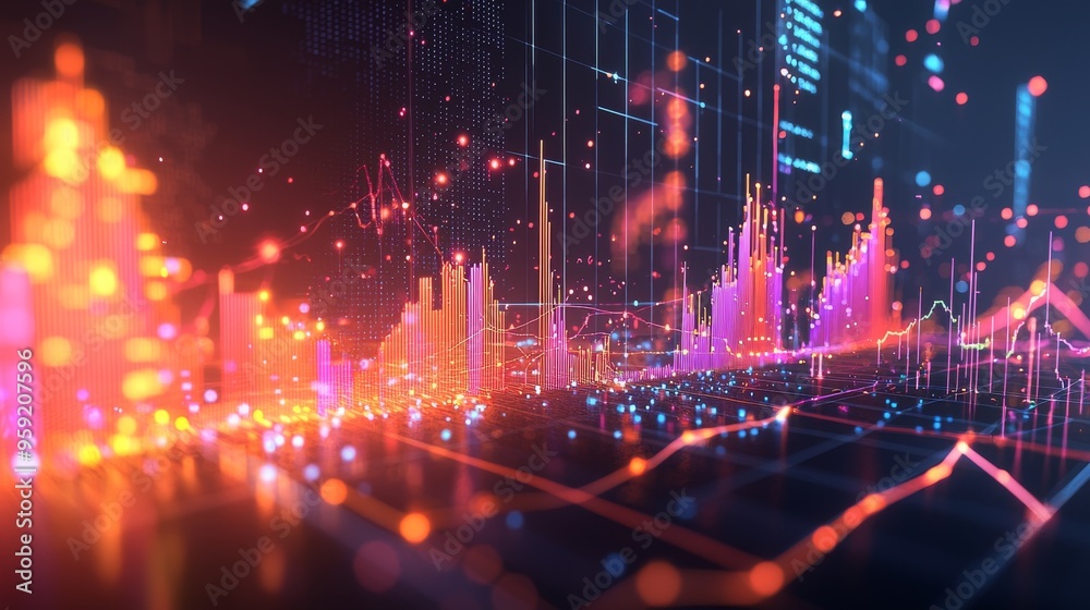 Fototapeta premium Captivating Visual Representation of Predictive Data Analysis with Glowing Trends in a Digital Landscape of Insights and Metrics