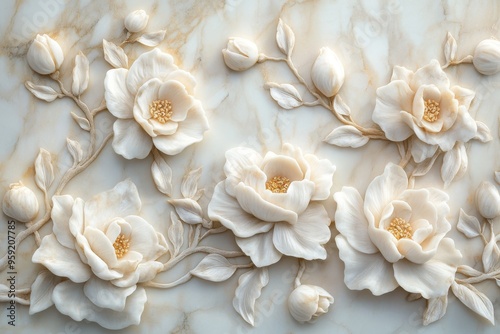 This stunning threedimensional art piece features intricately carved white flowers on a marblelike surface, showcasing exquisite details and a captivating vintage aesthetic that draws you in photo