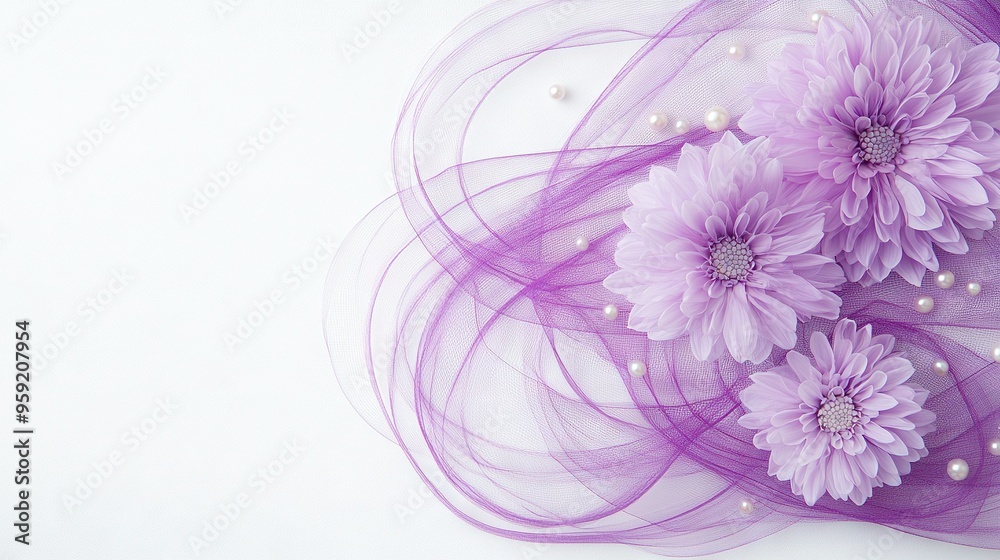 A white background showcases a cluster of purple flowers, surrounded by pearls at the base and within their petals A white background showcases a cluster of purple flowers, surrounded by pearls at the base and within their petals