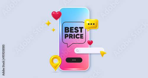 Best Price tag. Social media phone app banner. Special offer Sale sign. Advertising Discounts symbol. Social media search bar, like, chat 3d icons. Best price message. Vector