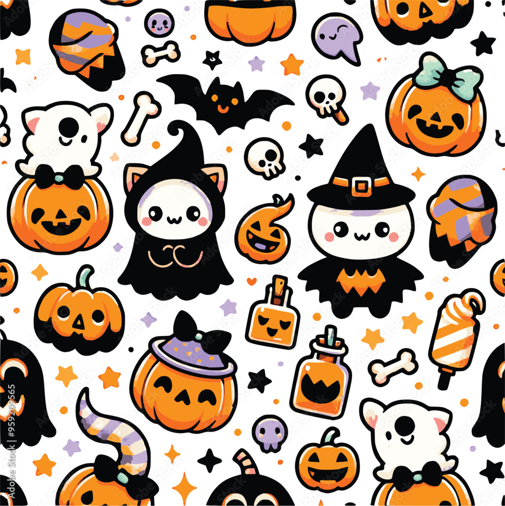 Seamless Halloween Pattern with Pumpkins, Bats, Ghosts, and Spiders