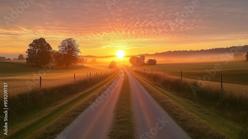 Tranquil Morning Sunrise Over Rural Landscape with Road