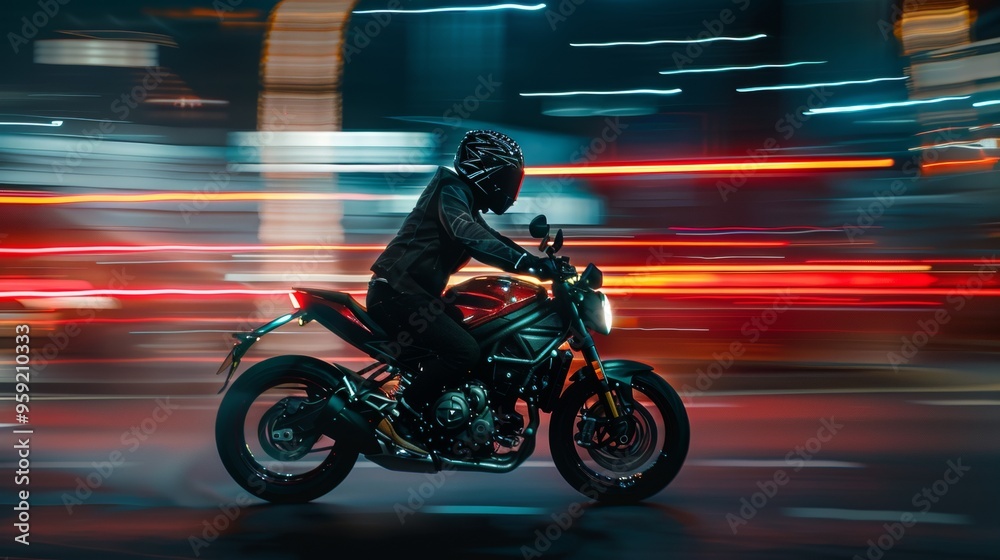 Fototapeta premium man with helmet and black vest driving a motorcycle on the ROAD WITH SWEEPING EFFECT