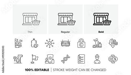 Loyalty points, Copyright locker and Sunscreen line icons. Pack of Feminism, Airport transfer, Survey check icon. Refill water, Painter, Arena stadium pictogram. Marketplace. Line icons. Vector
