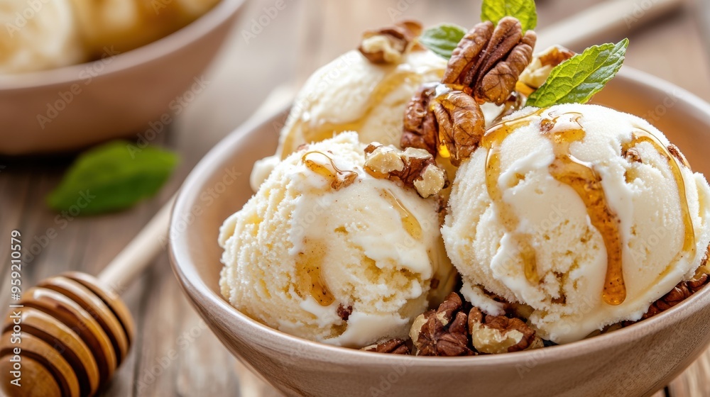 A bowl of ice cream with nuts and honey on top, AI A bowl of ice cream with nuts and honey on top, AI