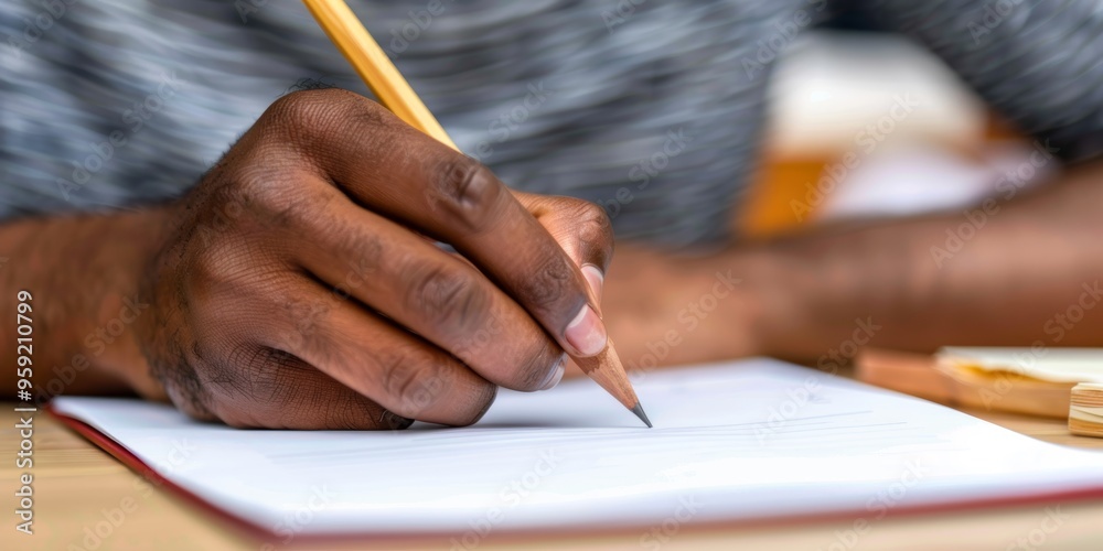 Child writing in a book while learning, with a notebook and pen, focusing on education in a classroom setting Child writing in a book while learning, with a notebook and pen, focusing on education in a classroom setting