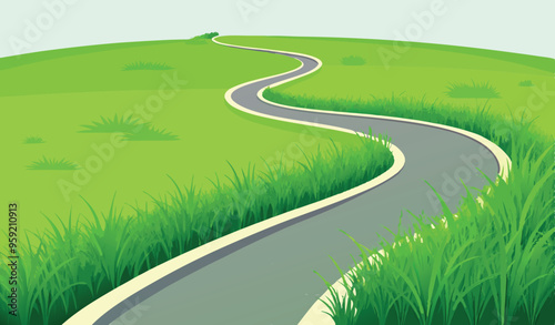 Winding road through green fields leading to the horizon