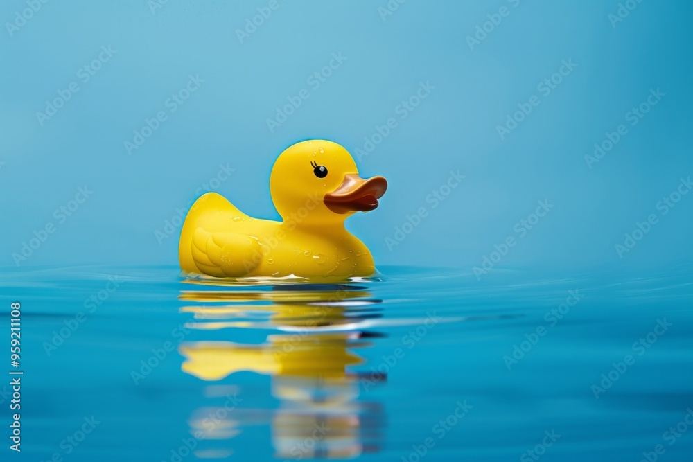 A bright yellow rubber duck floats serenely on calm blue water. It brings a cheerful and playful vibe to the scene. Perfect for fun, childhood themes. Generative AI A bright yellow rubber duck floats serenely on calm blue water. It brings a cheerful and playful vibe to the scene. Perfect for fun, childhood themes. Generative AI