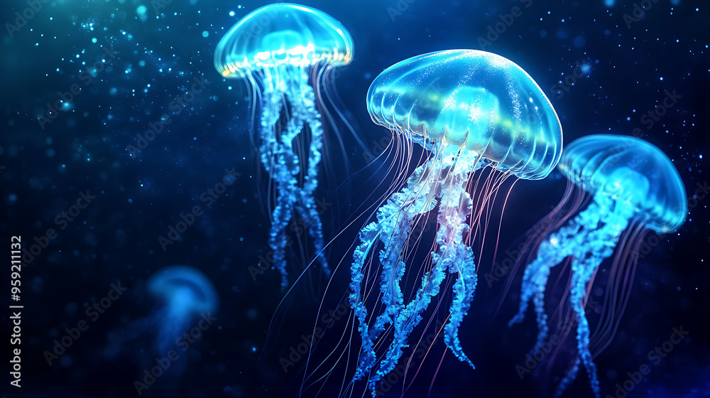 Glowing jellyfish floating gracefully in the deep ocean. Ideal for themes of marine life, mystery, and the beauty of nature.
Glowing jellyfish floating gracefully in the deep ocean. Ideal for themes of marine life, mystery, and the beauty of nature.