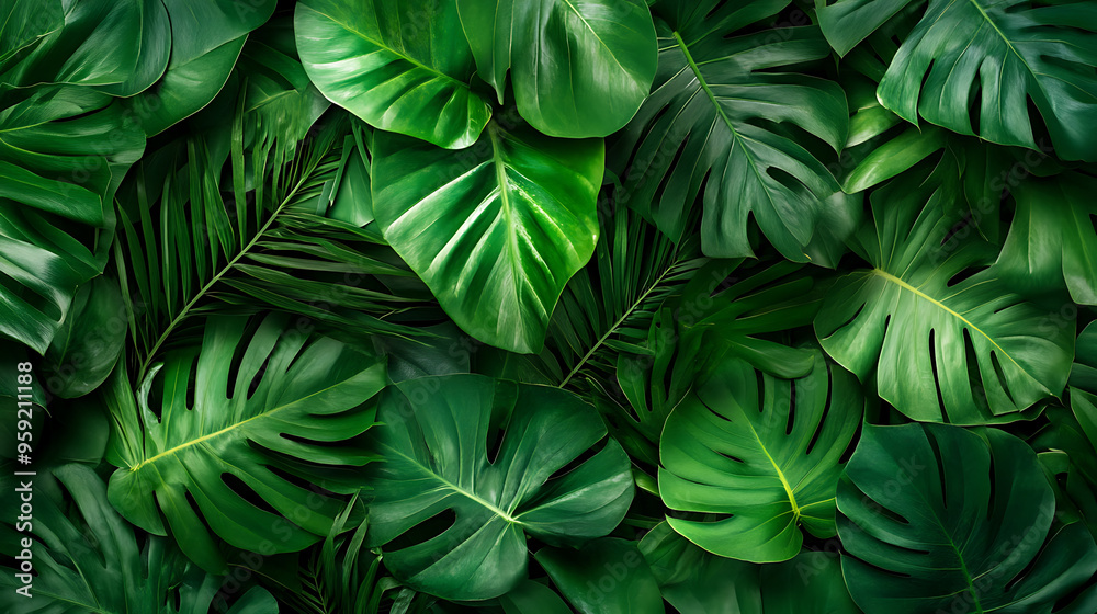 Lush green tropical leaves overlapping to create a vibrant and natural background. This image is perfect for themes of nature, freshness, and environmental consciousness. Lush green tropical leaves overlapping to create a vibrant and natural background. This image is perfect for themes of nature, freshness, and environmental consciousness.