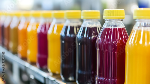 Juice bottles lined up in a factory production line. Ideal for concepts of manufacturing, food and beverage industry, and efficiency.