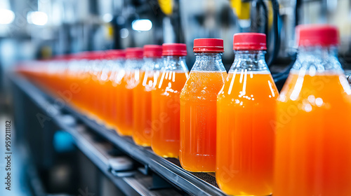Juice bottles lined up in a factory production line. Ideal for concepts of manufacturing, food and beverage industry, and efficiency.