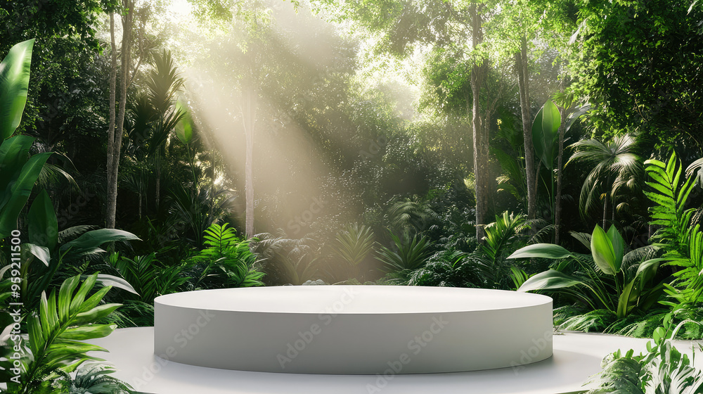 A chic white podium placed in a sleek 3D abstract minimal environment, surrounded by a lush green forest. A chic white podium placed in a sleek 3D abstract minimal environment, surrounded by a lush green forest.