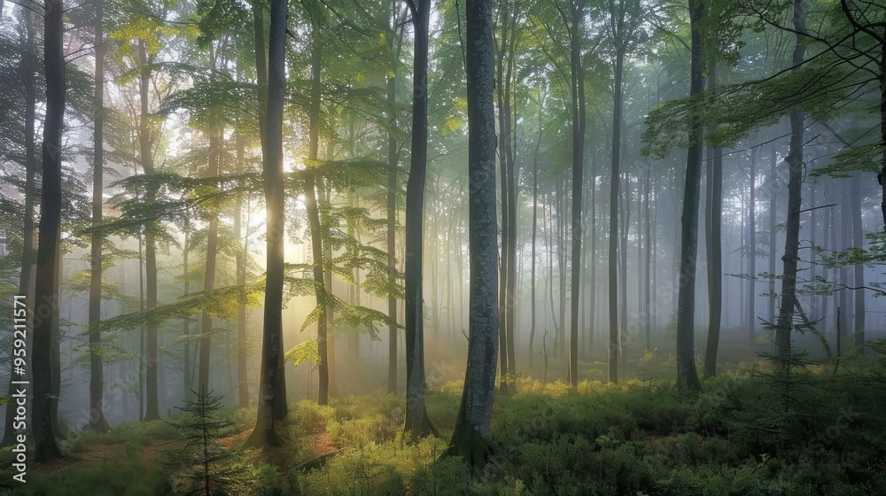 a misty forest at golden hour, with sunlight piercing through the fog and casting a soft, warm glow on the trees and undergrowth, creating a magical ambiance, with copy space for text a misty forest at golden hour, with sunlight piercing through the fog and casting a soft, warm glow on the trees and undergrowth, creating a magical ambiance, with copy space for text